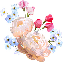 Vector bouquet flowers. Peony, lupine, forget-me-not
