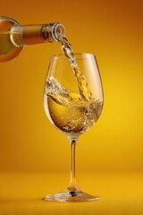 A bottle pours golden liquid into a stemmed glass, creating a dynamic splash against an amber backdrop