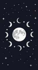 Celestial lunar cycle phases illuminated against a starry night sky