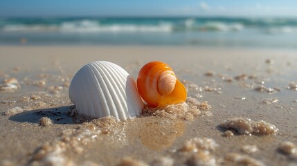 Obraz premium Beautiful Seashells on Sandy Beach with Ocean Waves 