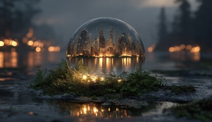 A clear orb, reflecting a glowing city skyline, rests in a damp, mossy environment. Ambient light and water enhance the scene