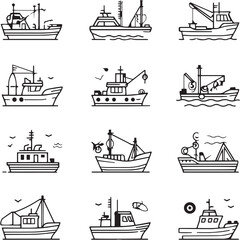 Fishing Boat black Line Editable Icons set