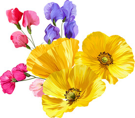 Vector bouquet yellow flowers. Poppy, buttercup, anemone yellow and sweet pea flower