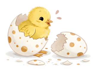 Cute yellow chick hatching from a speckled easter egg