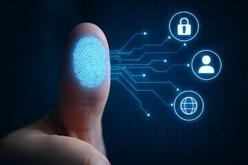 Biometric authentication concept with fingerprint and security icons on a dark background