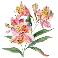 Alstroemeria watercolor flowers in pink and orange on transparent background