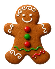 Fototapeta premium Festive gingerbread man cookie with icing and candy buttons.
