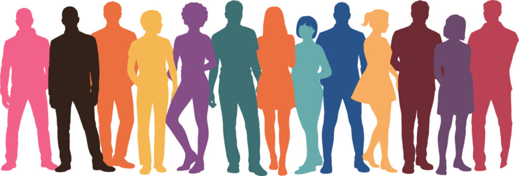 Diverse people standing silhouettes, colorful group illustration, community unity, gender diversity, inclusive crowd, multicultural concept, equality, teamwork vector art