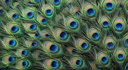 Intricate pattern of vibrant peacock feathers displaying iridescent colors and textures