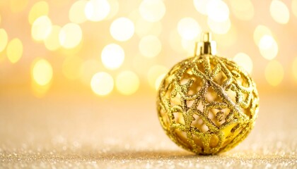 A golden Christmas ornament sits on a bed of sparkling light, showcasing intricate details against a soft, out-of-focus backdrop of warm golden lights.