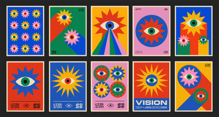 Cool Abstract Geometric Eye Poster. Pop Art Retro Vision Placard. Playful Pattern.