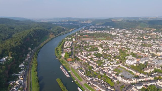 Trier cityscape and Mosel river, aerial view, ancient roman city and bridge in the Moselle Valley, Germany, summer landscape rhineland palatine