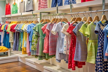 Colorful childrens dresses on display in a clothing store, showcasing a variety of styles and patterns