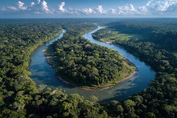 Aerial view showcases a wide, winding river carving through lush green rainforest under a bright, blue sky