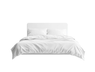 Cozy white bed with soft pillows and comforter on transparent background