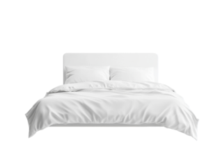 Cozy white bed with soft pillows and comforter on transparent background