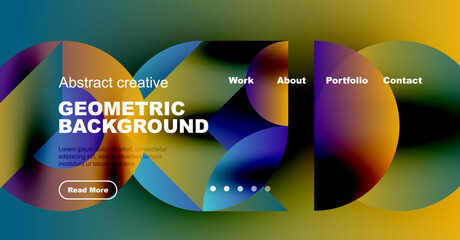 Abstract geometric background design. Vibrant colors, text elements, navigation menu present. Modern aesthetic, suitable website header.