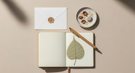 Open notebook with dried leaf and pen next to envelope and small dish image