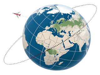 Naklejka premium Airplane flying around the earth with a dotted flight path