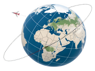 Airplane flying around the earth with a dotted flight path