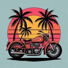 Red vintage motorcycle against a tropical sunset with palm tree silhouettes motorbike retro
