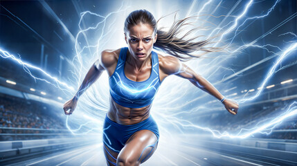 A strong female runner sprints with electrifying energy and dynamic lightning effects.