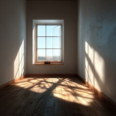 Interior room bathed in natural light. Open window shows landscape. Shadows play on wooden floor & textured walls. Empty, serene space
