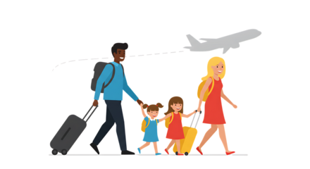 Family and young couple with luggage cartoon illustration