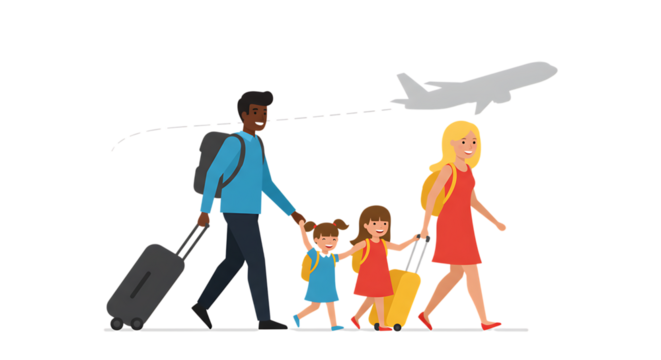 Family and young couple with luggage cartoon illustration