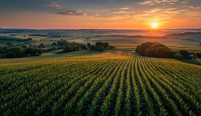 Fields of crops stretch across a sunlit landscape, with a vibrant sunset painting the sky