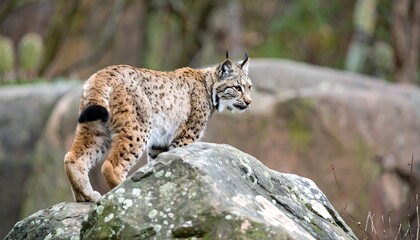 A lynx stands alert on a large rock, its gaze directed towards the surrounding wilderness.