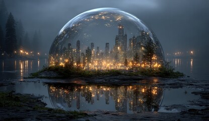 A glowing cityscape encased within a clear dome, set on a small island amidst calm water and a forested shoreline