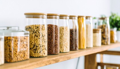 Close-up of reusable glass jars filled with organic grains on a rustic shelf, captured in crisp detail with natural lighting.