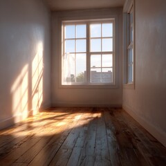 Empty room bathed in sunlight from a multi-paned window, casting shadows on the wooden floor. Bare walls suggest simplicity