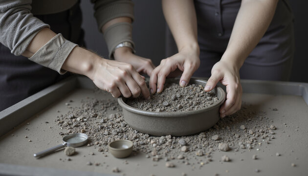 A couple sifting through gravel, at a minimalist indoor gem panning station