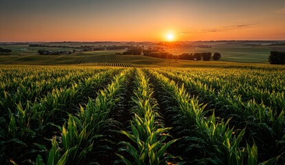Rows of young crops bask in the warm glow of a setting sun. Rolling hills fade in the distance, under a vibrant sky