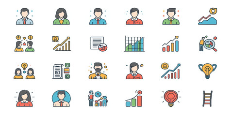 Business strategy and teamwork concept with diverse people icons representing collaboration, planning, analytics, leadership, growth, and goal achievement in modern office environment.
