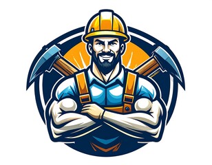 Strong Miner with Crossed Picks, and Logo.