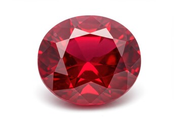 A brilliant, round-cut gemstone, ruby red, sparkling with facets. The gem rests on a clean white background. Details and shine are evident