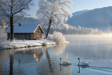 Winter cabin by a snowy lake with two swans swimming near the shore