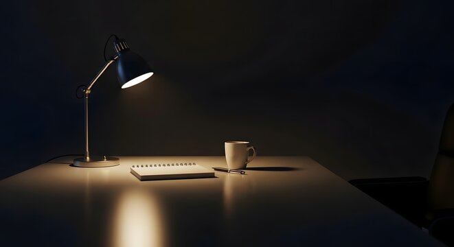 Desk with Lamp Laptop and Coffee Cup Evening Work Concentration