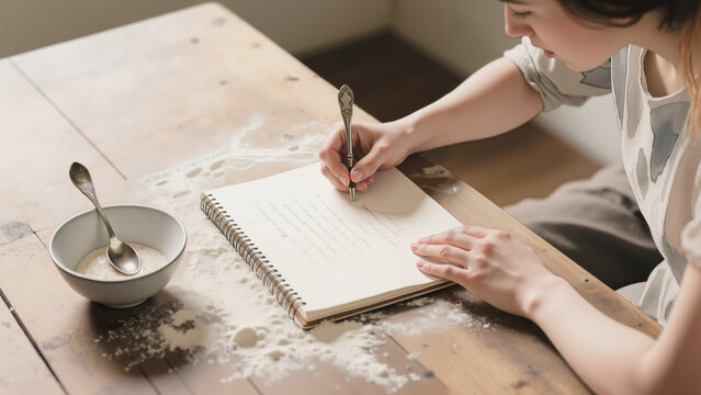 Woman writing a cooking recipe on a rustic wooden table with flour  