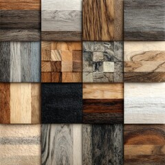 A mosaic showcasing diverse wooden textures arranged in a grid pattern, presenting a range of tones and grains
