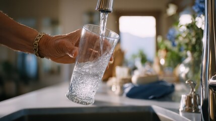 Medium frame of a person pouring tap water into a home filtration pitcher focusing on prevention of PFAS chemicals in everyday drinking water.