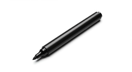 A close-up shot of a black marker pen, angled slightly. The pen casts a gentle shadow against a white background