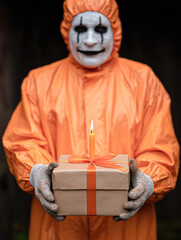 Fototapeta premium A figure in an orange outfit holds a gift box with a candle on top, featuring a painted face that adds an eerie atmosphere to the scene.