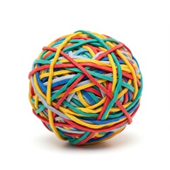 A close-up shot of a multi-colored rubber band ball, intricately woven together in a spherical shape. Isolated on a clean white background