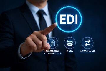 Businessman interacting with electronic data interchange technology interface