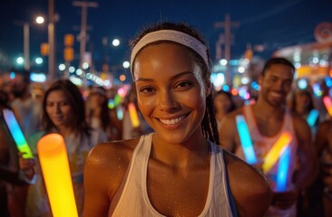 A smiling person with others, lit by colorful glow sticks, at a nighttime event, posing with a joyful expression