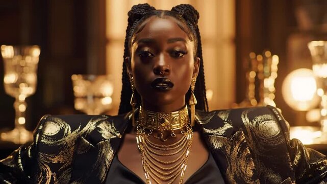Stunning Black woman in luxurious gold and black outfit radiating confidence and elegance in a rich opulent setting with warm lighting fashion and style